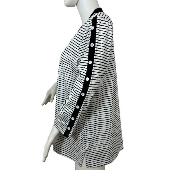 E.L.I Tunic Top XL Black White Stripes Long Sleeve V-Neck Buttons Arms Slits - Picture 15 of 15
